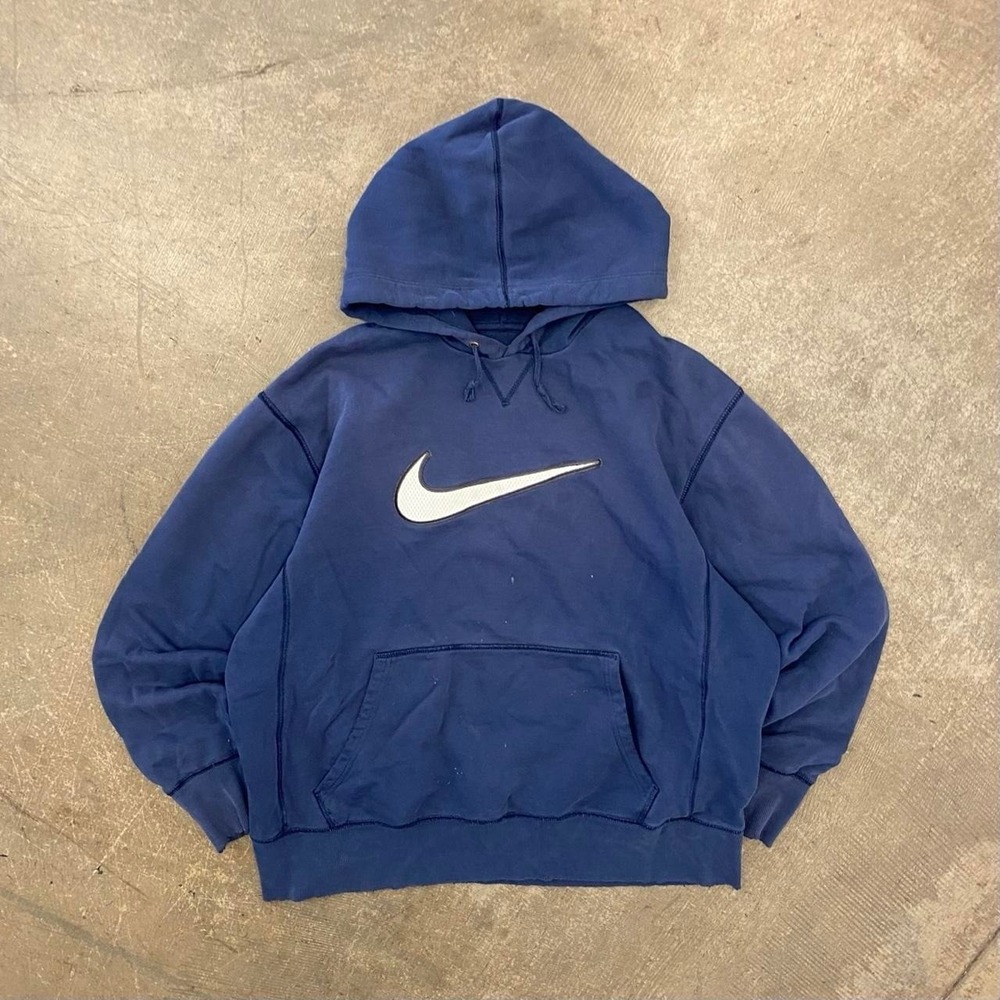 Vintage Y2K Nike Center Swoosh Navy Blue Hoodie Distressed and Faded Size XL